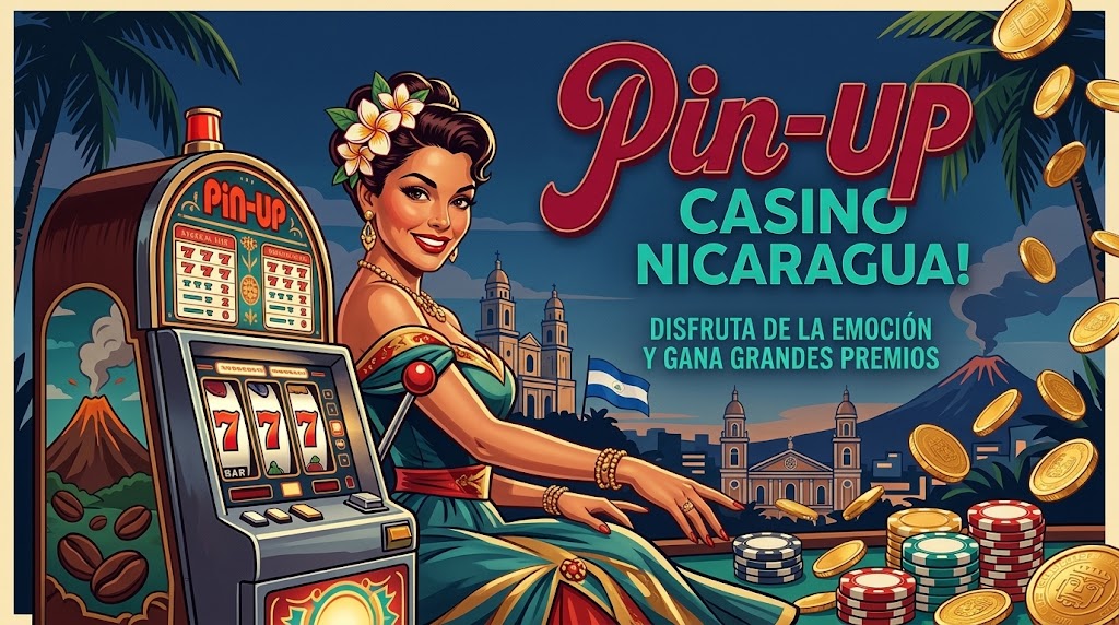 Ilustración de una sala de juegos con tragamonedas, fichas y un paisaje de Nicaragua
